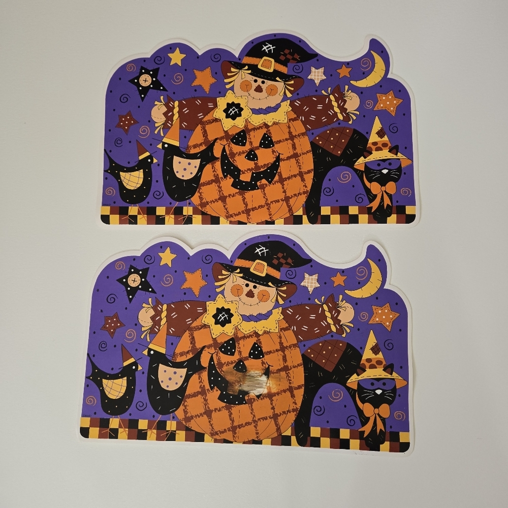 VTG Vinyl Happy Harvest Pumpkin Scarecrow Black Cat Farm Place Mat Set‎ of 2 90s